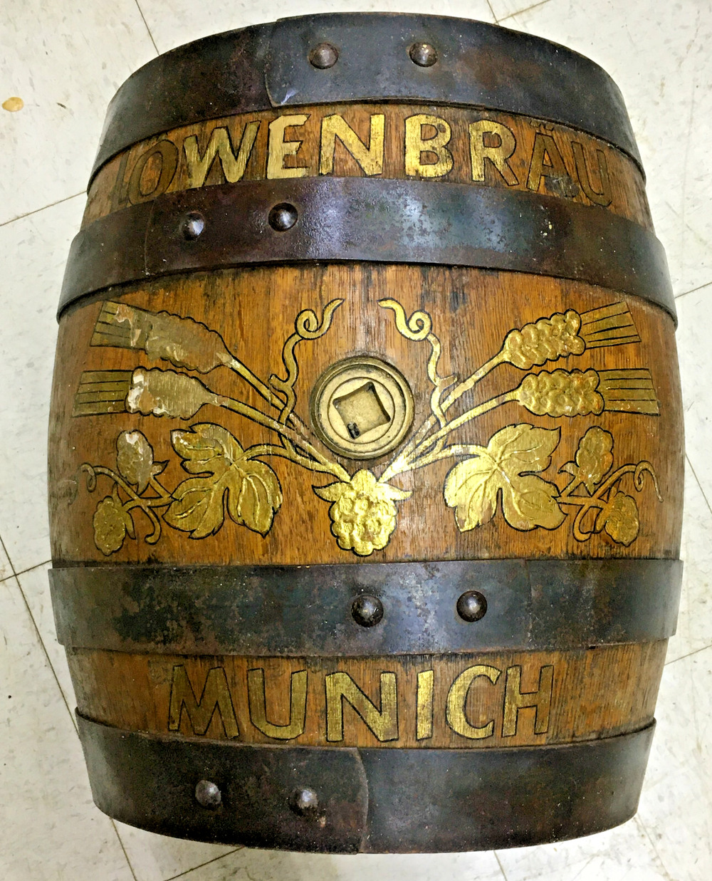 Vintage German Lowenbrau Hand Painted Wooden Beer Barrel- Munich, Germany
